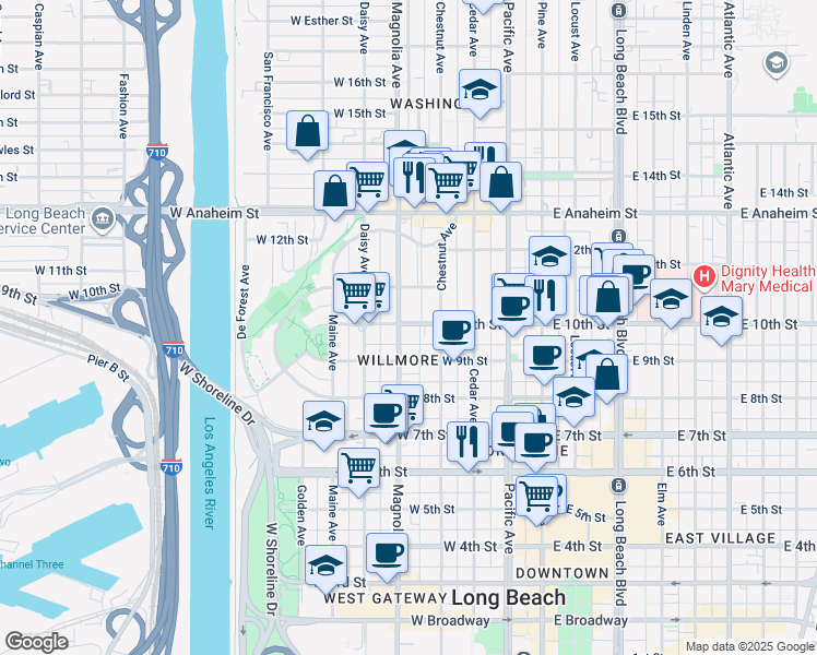 map of restaurants, bars, coffee shops, grocery stores, and more near 446 West 10th Street in Long Beach