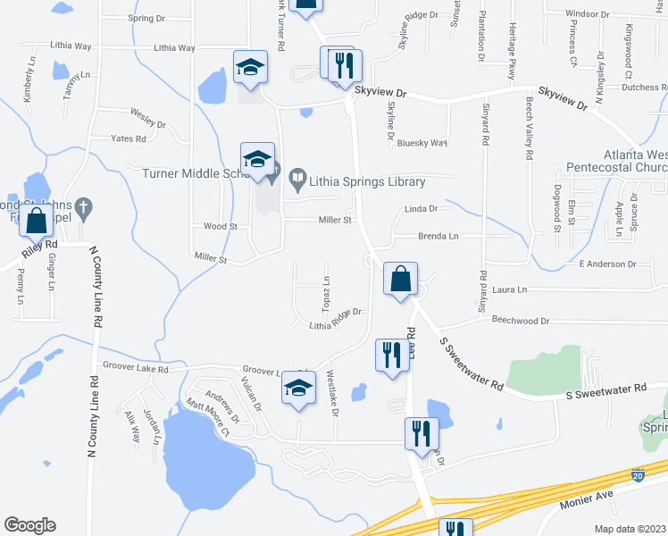 map of restaurants, bars, coffee shops, grocery stores, and more near 972 Topaz Lane in Lithia Springs