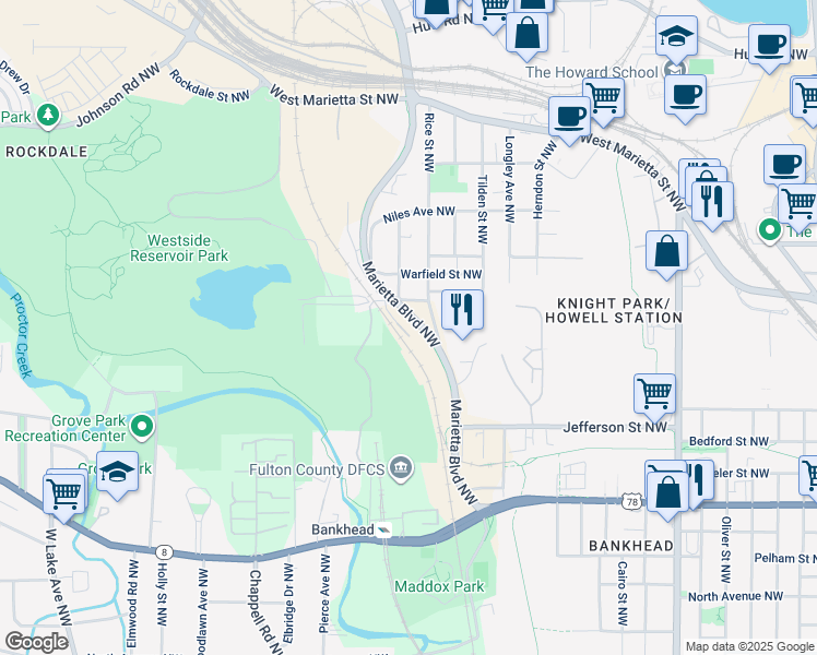 map of restaurants, bars, coffee shops, grocery stores, and more near 860 Marietta Boulevard Northwest in Atlanta