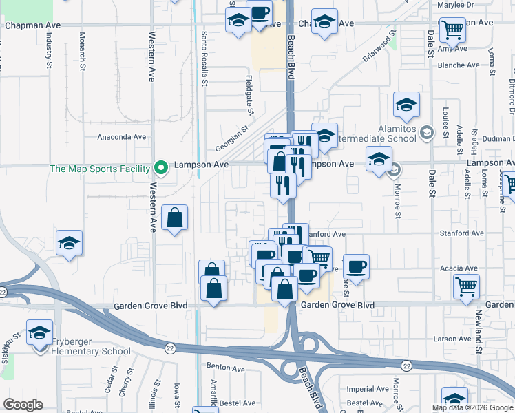 map of restaurants, bars, coffee shops, grocery stores, and more near 231 Lantana Drive in Stanton