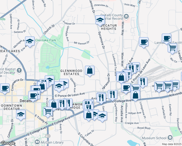map of restaurants, bars, coffee shops, grocery stores, and more near 109 Springdale Street in Decatur