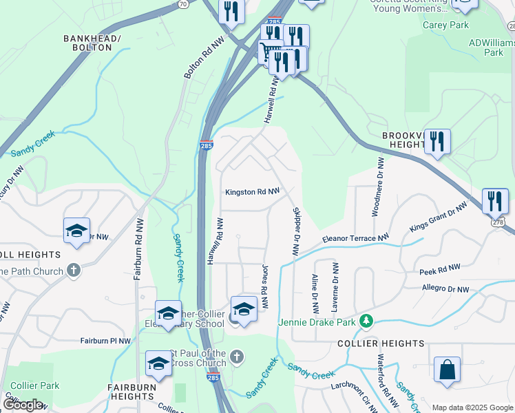 map of restaurants, bars, coffee shops, grocery stores, and more near 3213 Jamaica Road Northwest in Atlanta