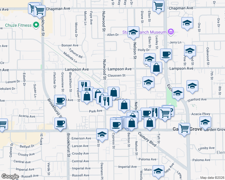 map of restaurants, bars, coffee shops, grocery stores, and more near 10611 Lakeside Drive South in Garden Grove