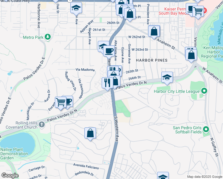 map of restaurants, bars, coffee shops, grocery stores, and more near S Western Ave & Palos Verdes Dr N in Lomita