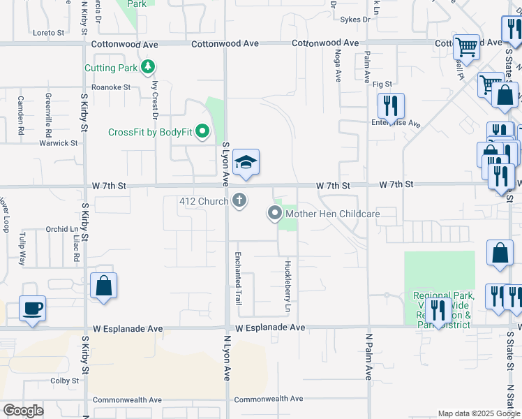 map of restaurants, bars, coffee shops, grocery stores, and more near 457 Wildrose Circle in San Jacinto
