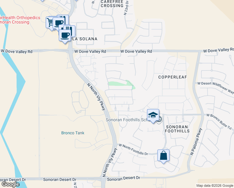 map of restaurants, bars, coffee shops, grocery stores, and more near 2388 West Dusty Wren Drive in Phoenix