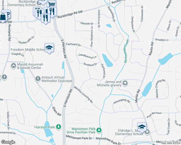 map of restaurants, bars, coffee shops, grocery stores, and more near 636 Hearon Drive in Stone Mountain