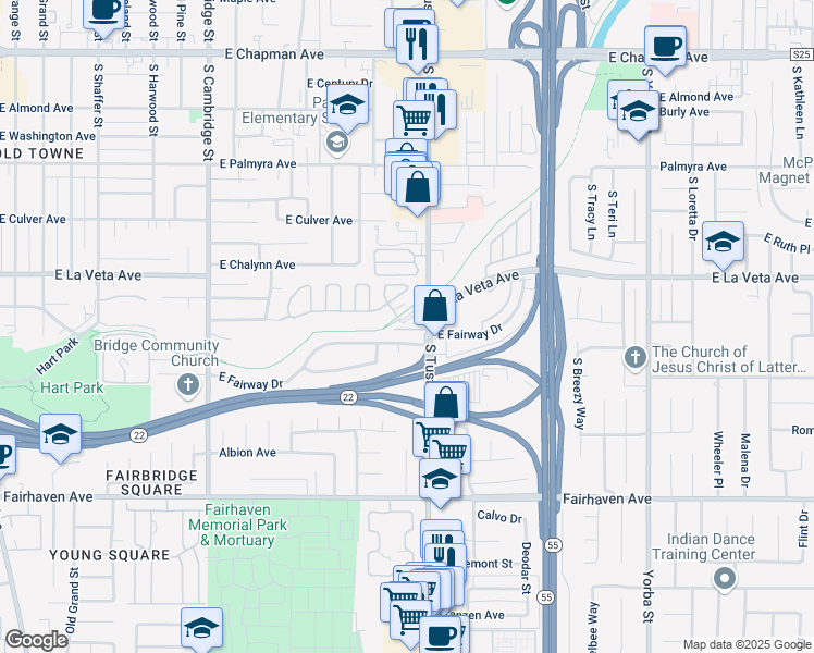 map of restaurants, bars, coffee shops, grocery stores, and more near 1616 East Rock Creek Drive in Orange