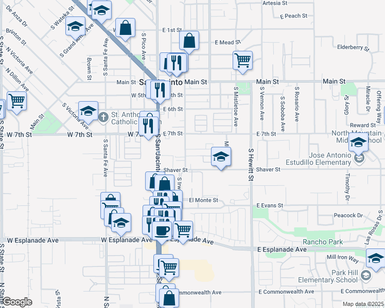 map of restaurants, bars, coffee shops, grocery stores, and more near 319 Oakhurst Drive in San Jacinto