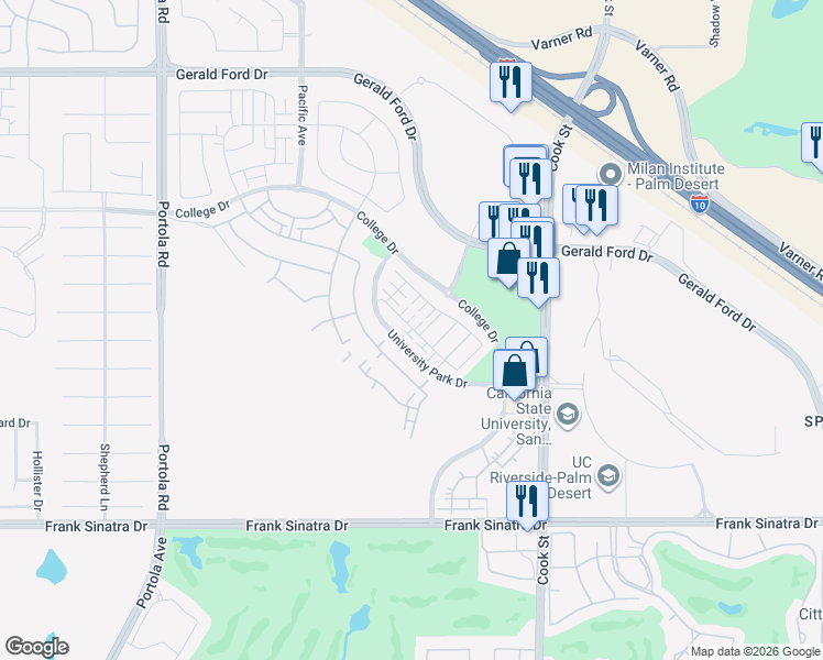 map of restaurants, bars, coffee shops, grocery stores, and more near University Park Drive in Palm Desert