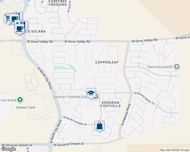 map of restaurants, bars, coffee shops, grocery stores, and more near W Bronco Butte Trail in Phoenix