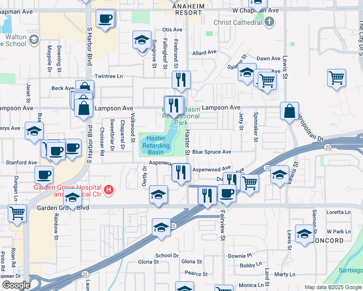 map of restaurants, bars, coffee shops, grocery stores, and more near 12831 Blue Spruce Avenue in Garden Grove
