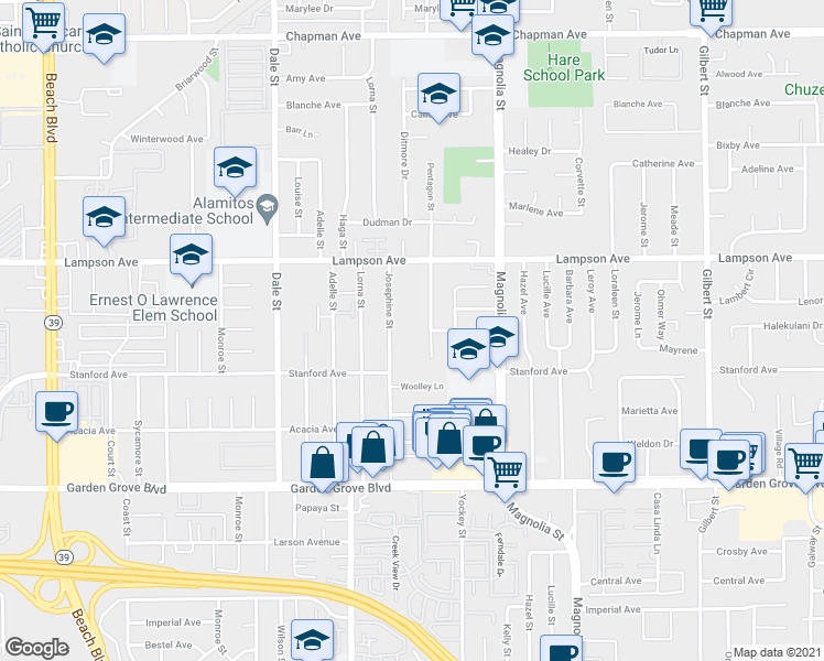map of restaurants, bars, coffee shops, grocery stores, and more near 12700 Josephine Street in Garden Grove