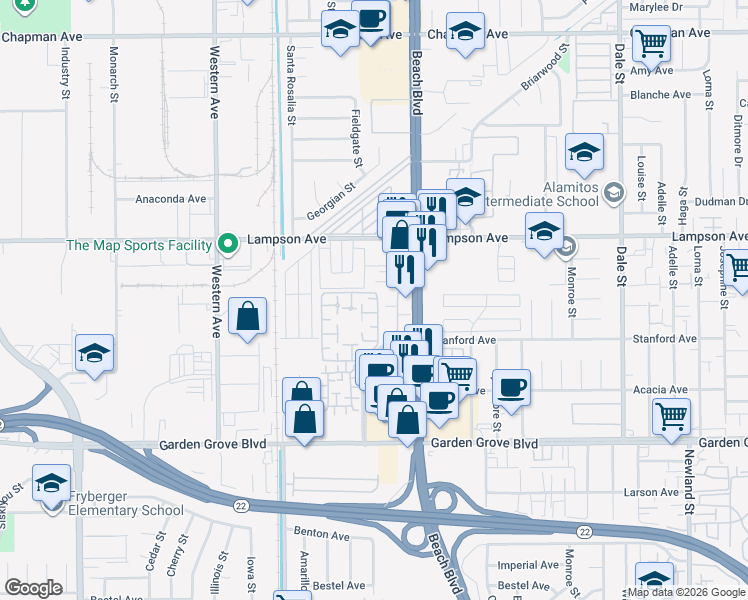 map of restaurants, bars, coffee shops, grocery stores, and more near 231 Lantana Drive in Stanton