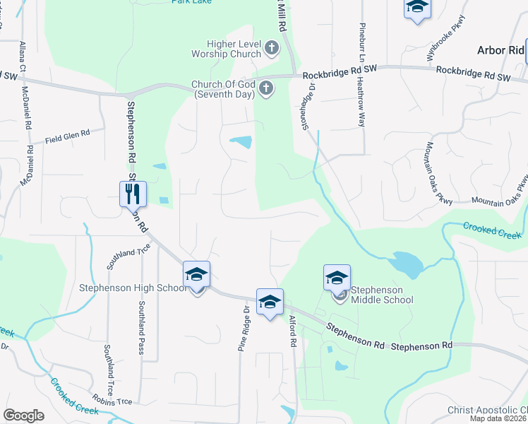 map of restaurants, bars, coffee shops, grocery stores, and more near 636 Raven Springs Trail in Stone Mountain