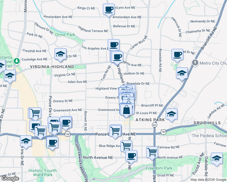 map of restaurants, bars, coffee shops, grocery stores, and more near 997 Highland View Northeast in Atlanta