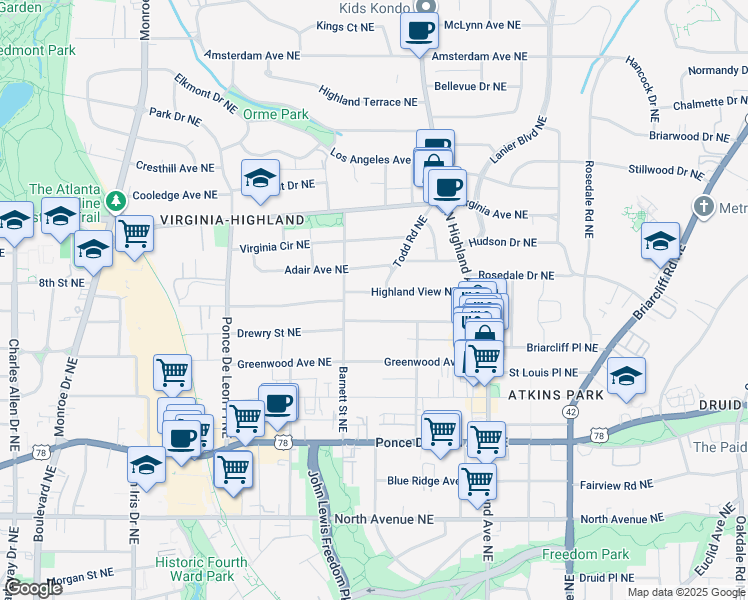 map of restaurants, bars, coffee shops, grocery stores, and more near 926 Drewry Street Northeast in Atlanta