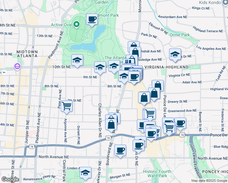 map of restaurants, bars, coffee shops, grocery stores, and more near 503 Midtown Place in Atlanta