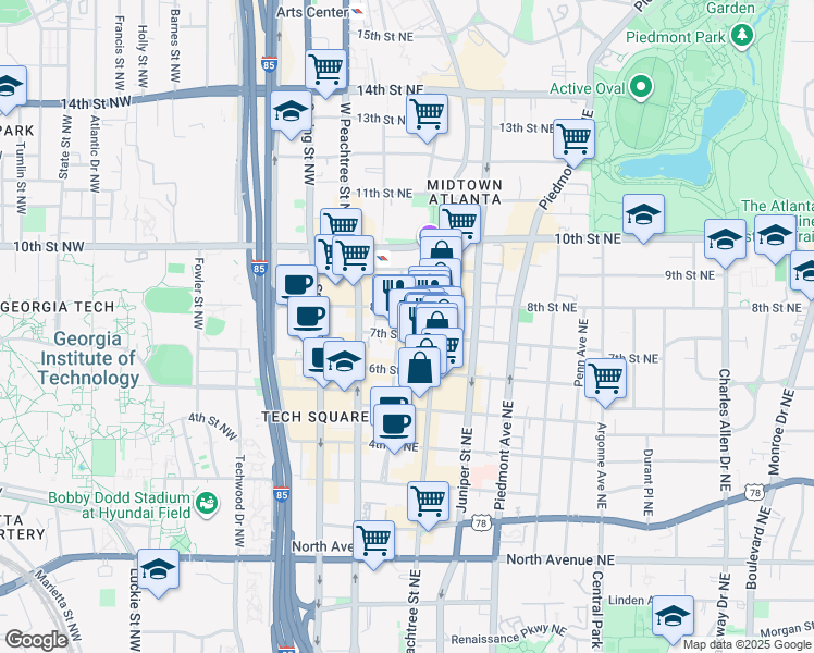 map of restaurants, bars, coffee shops, grocery stores, and more near 870 Peachtree Street Northeast in Atlanta