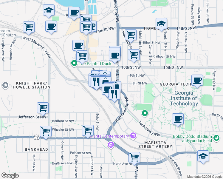 map of restaurants, bars, coffee shops, grocery stores, and more near 1465 Northside Drive Northwest in Atlanta
