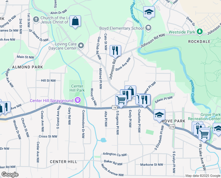 map of restaurants, bars, coffee shops, grocery stores, and more near 888 Hollywood Road Northwest in Atlanta