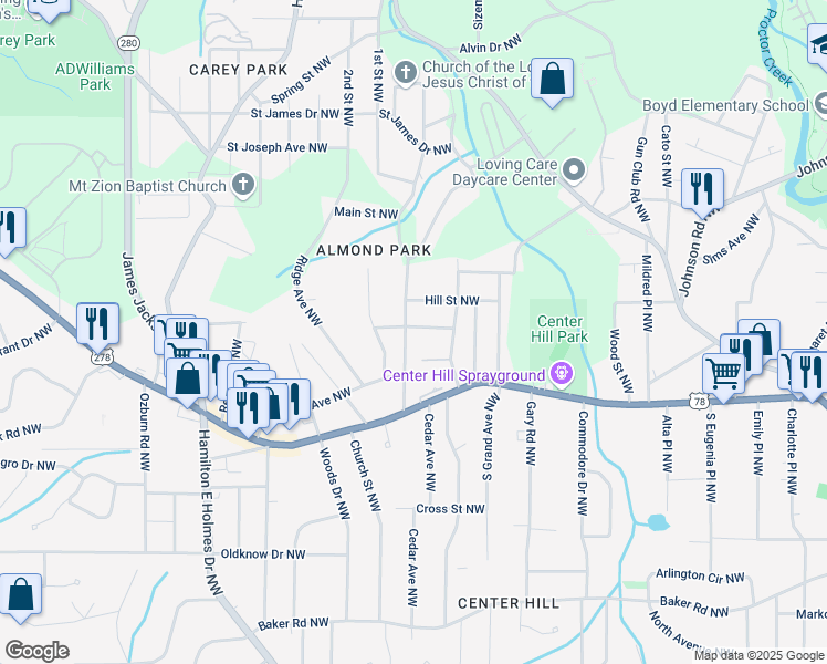 map of restaurants, bars, coffee shops, grocery stores, and more near 875 Hall Street Northwest in Atlanta