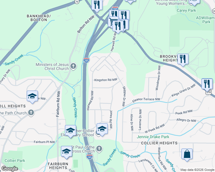 map of restaurants, bars, coffee shops, grocery stores, and more near 2361 Jones Road Northwest in Atlanta