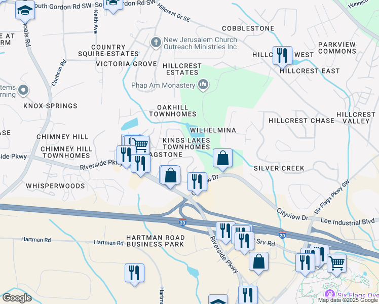 map of restaurants, bars, coffee shops, grocery stores, and more near 7256 Kings Cove in Austell
