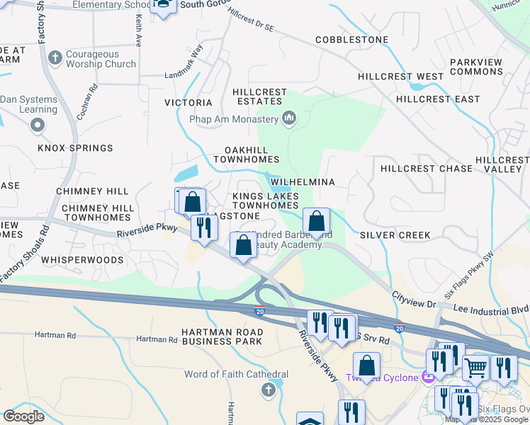 map of restaurants, bars, coffee shops, grocery stores, and more near 7256 Kings Cove in Austell