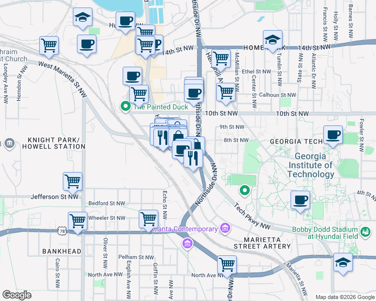 map of restaurants, bars, coffee shops, grocery stores, and more near 1465 Northside Drive Northwest in Atlanta