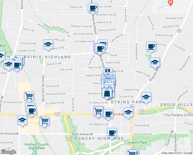 map of restaurants, bars, coffee shops, grocery stores, and more near 997 Highland View Northeast in Atlanta