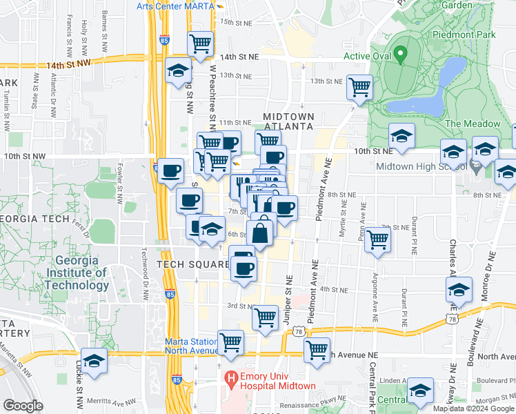 map of restaurants, bars, coffee shops, grocery stores, and more near 870 Peachtree Street Northeast in Atlanta