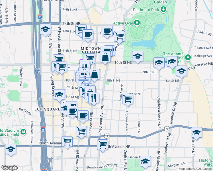 map of restaurants, bars, coffee shops, grocery stores, and more near 875 Piedmont Avenue Northeast in Atlanta