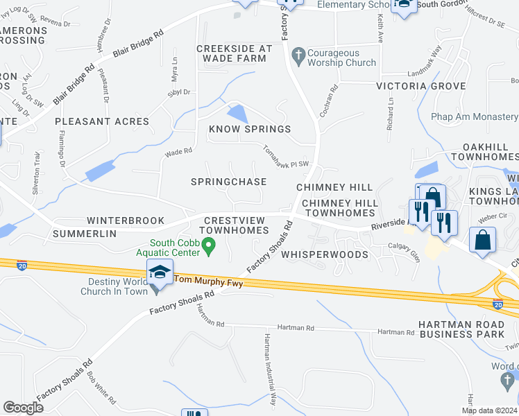 map of restaurants, bars, coffee shops, grocery stores, and more near 867 Springchase Drive in Austell