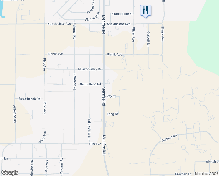 map of restaurants, bars, coffee shops, grocery stores, and more near 23510 Menifee Road in Nuevo