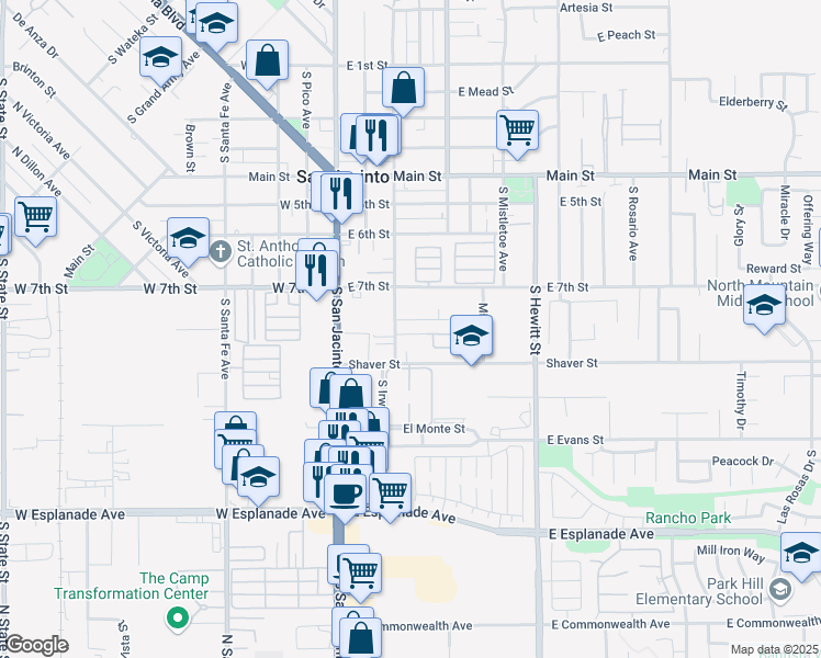 map of restaurants, bars, coffee shops, grocery stores, and more near 319 Oakhurst Drive in San Jacinto