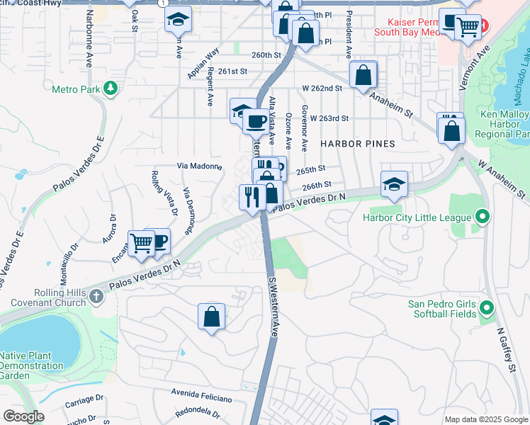 map of restaurants, bars, coffee shops, grocery stores, and more near South Western Avenue & Palos Verdes Drive North in Lomita