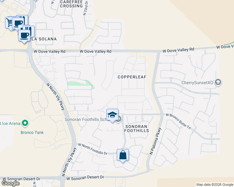 map of restaurants, bars, coffee shops, grocery stores, and more near W Bronco Butte Trail in Phoenix