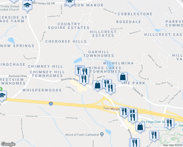 map of restaurants, bars, coffee shops, grocery stores, and more near 6974 Flagstone Drive in Austell