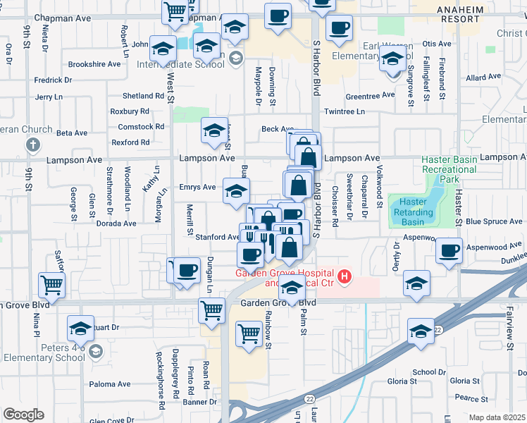 map of restaurants, bars, coffee shops, grocery stores, and more near 12732 Buaro Street in Garden Grove