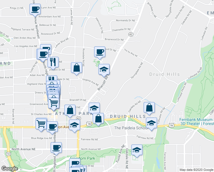 map of restaurants, bars, coffee shops, grocery stores, and more near 1222 Virginia Court in Atlanta