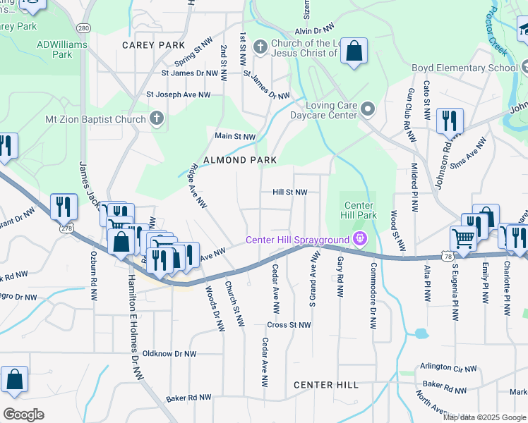 map of restaurants, bars, coffee shops, grocery stores, and more near 875 Hall Street Northwest in Atlanta