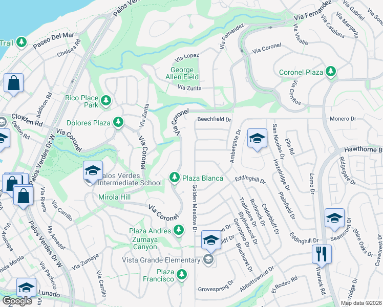 map of restaurants, bars, coffee shops, grocery stores, and more near 1468 Vía Coronel in Palos Verdes Estates