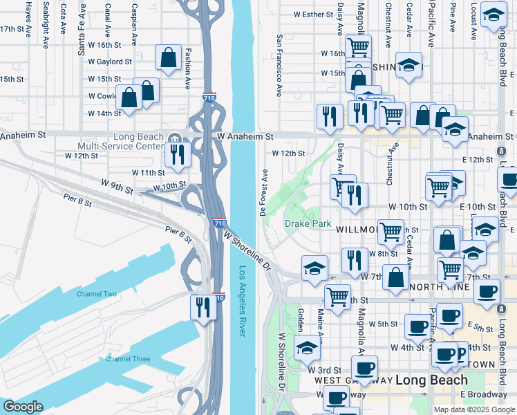 map of restaurants, bars, coffee shops, grocery stores, and more near Los Angeles River Bicycle Path in Long Beach