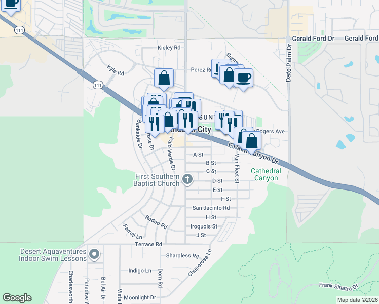 map of restaurants, bars, coffee shops, grocery stores, and more near 68528 A Street in Cathedral City