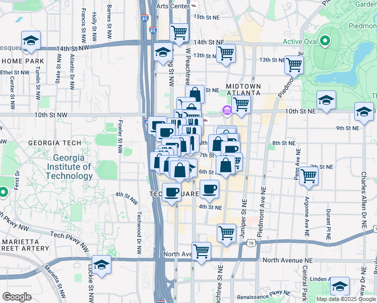 map of restaurants, bars, coffee shops, grocery stores, and more near 880 West Peachtree Street Northwest in Atlanta
