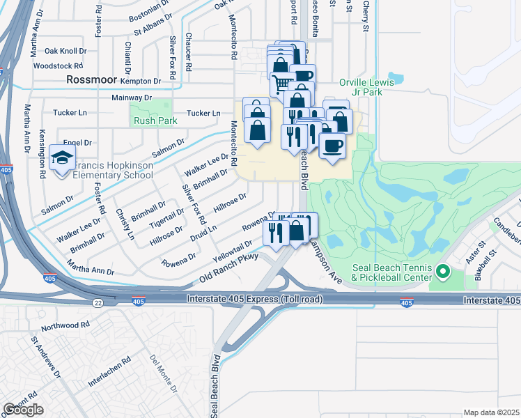 map of restaurants, bars, coffee shops, grocery stores, and more near 3330 Druid Lane in Los Alamitos