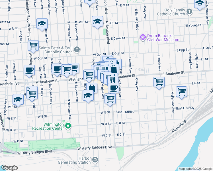 map of restaurants, bars, coffee shops, grocery stores, and more near 120 West G Street in Los Angeles