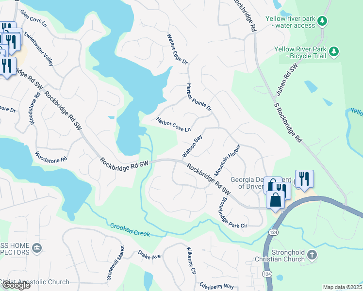 map of restaurants, bars, coffee shops, grocery stores, and more near 386 Watson Bay in Stone Mountain