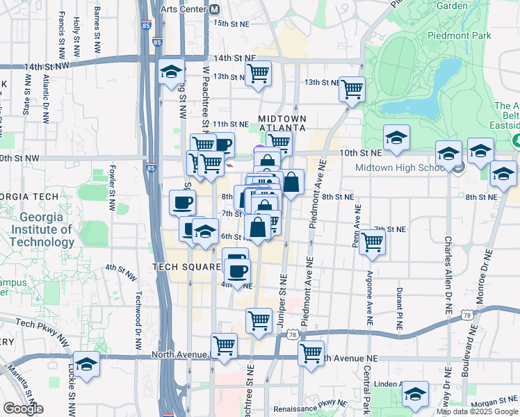 map of restaurants, bars, coffee shops, grocery stores, and more near 881 Peachtree Street Northeast in Atlanta